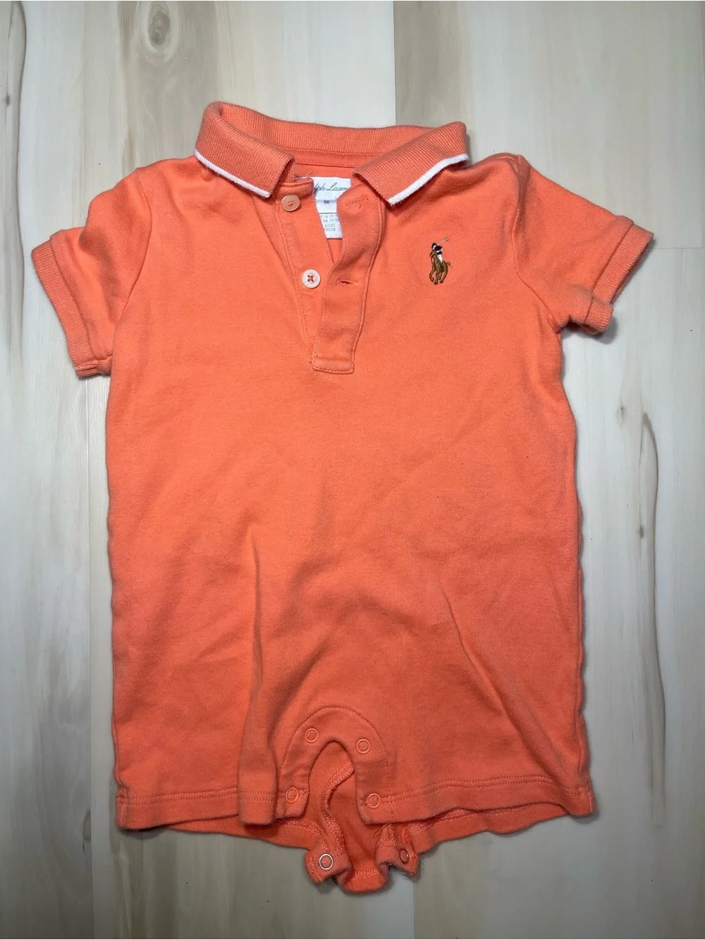 Ralph Lauren Orange Short Sleeve Pony Logo Polo Romper One Piece Baby Size 9M
